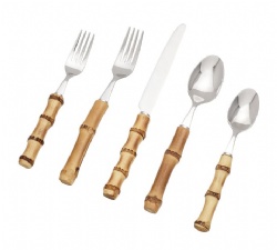 WJF705 SS18/10 Real Natural Bamboo Handle Cutlery Set, Handmade Bamboo Flatware Set With Salad Server Set